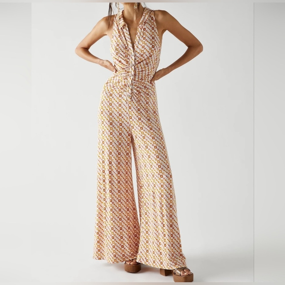 NWOT Free People Blue Yellow Shayla Halter Retro Jumpsuit